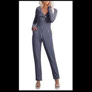 Long Sleeve V Neck Striped Casual Romper